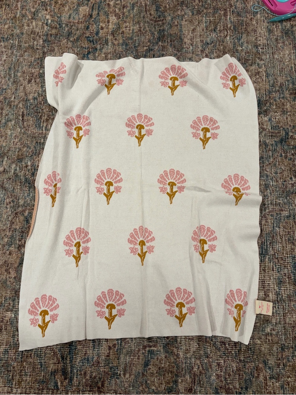 Pink Chicken White Knit Blanket with Pink Floral and Gold Accent